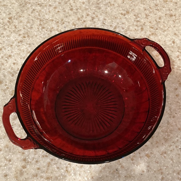 Red Glass Depression Bowl with handles 8”Round x 3” Tall - Picture 2 of 6